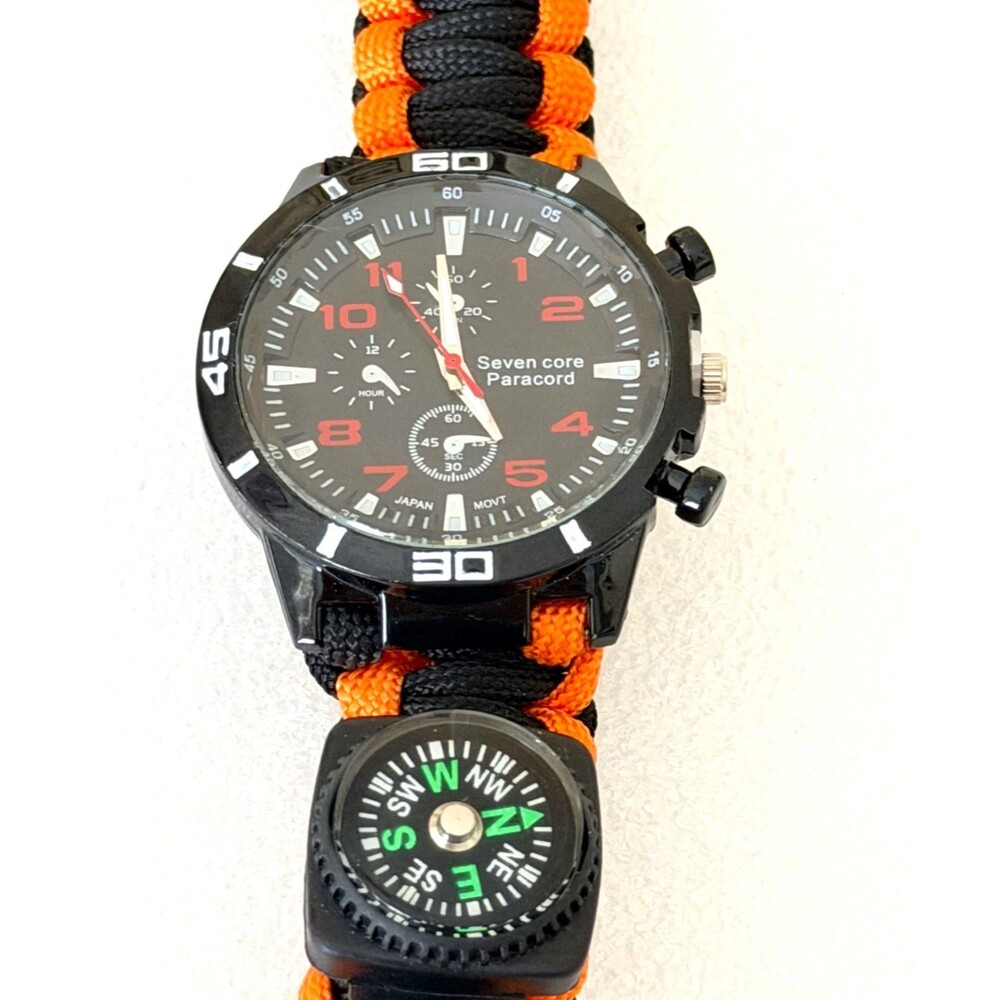 New Paracord Survival Tactical Watch with Compass Whistle & Fire Starter Orange
